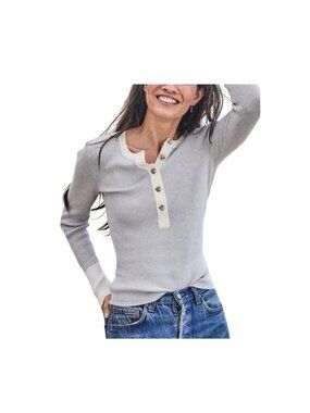 Faherty Mikki Organic Cotton & Cashmere Ribbed Henley Sweater Gray L stretch